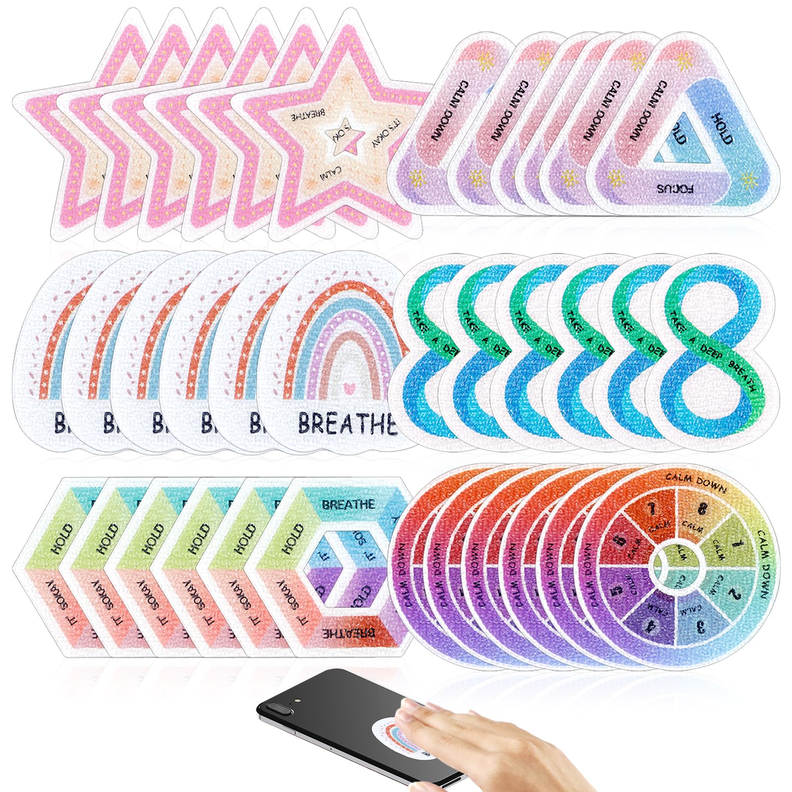 36PCS Anxiety Sensory Stickers, 6 Styles Reusable Mood Calming Stickers for Children,Fidget Adhesives Tactile Rough Textured Sensory Calm Strips Anxiety Relief Toys for Adults Teens School Classroom