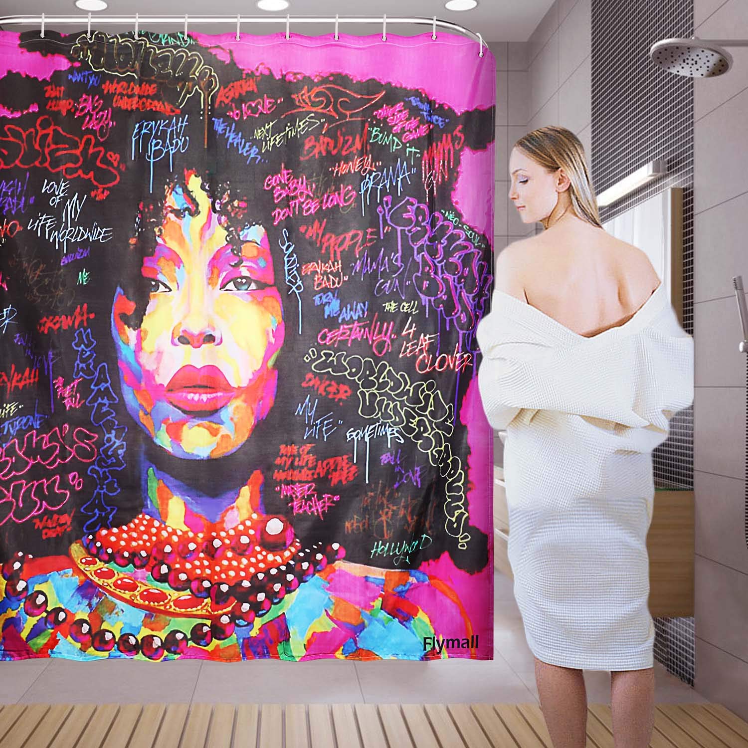 Flymall Shower Curtain Set,Waterproof Washable Polyester Fabric African Women Painting Shower Curtain Including 12-Pack Shower Hooks for Home Bathroom Decor(71 x 71)