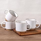 GBhome 15 OZ Stackable Coffee Mugs Set of 4, Ceramic Coffee Cups Set | 4 Assorted Designs, Embossed Mugs with Texture Patterns for Tea/Coffee, Dishwasher&amp;Microwave Safe, Off White