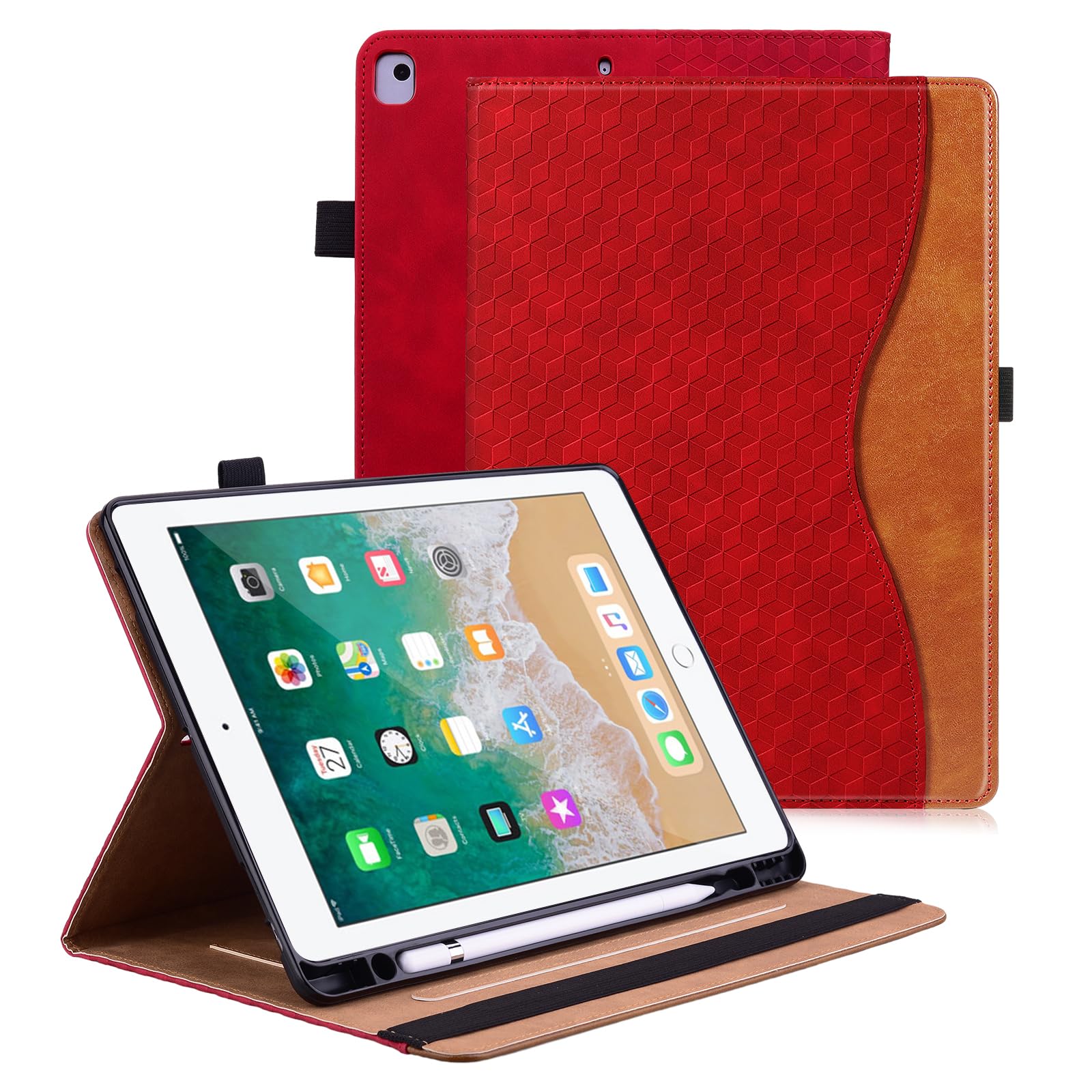 Vkooer Case for iPad 6th/5th Generation 9.7 inch with Pencil Holder - iPad 2018/2017, ipad Air 2/Air 1 Leather Folio Cover with Auto Sleep/Wake Multi Angle Stand - Red