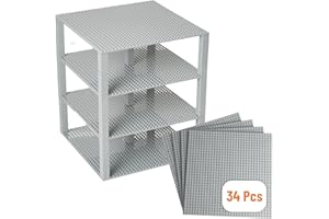 Strictly Briks Baseplate Set - Compatible with Lego, 10 x 10 inches 4 Baseplates with 30 Stackers, Stackable Baseplates Supports for Buildbing Bricks Blocks Custom Display Towers, Light Grey