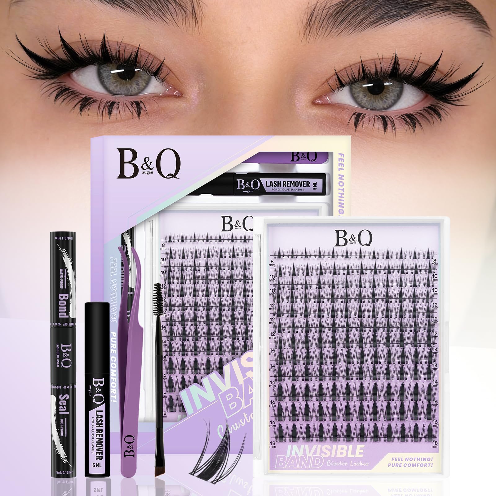 B&Q Fairy Lash Clusters Kit - DIY Lash Extension Kit at Home Beginner-Friendly Manga Lashes, 144pcs 8-18mm Wispy Clusters with 0.3mm Invisible Band & Waterproof, Salon Look for Daily Work & Parties