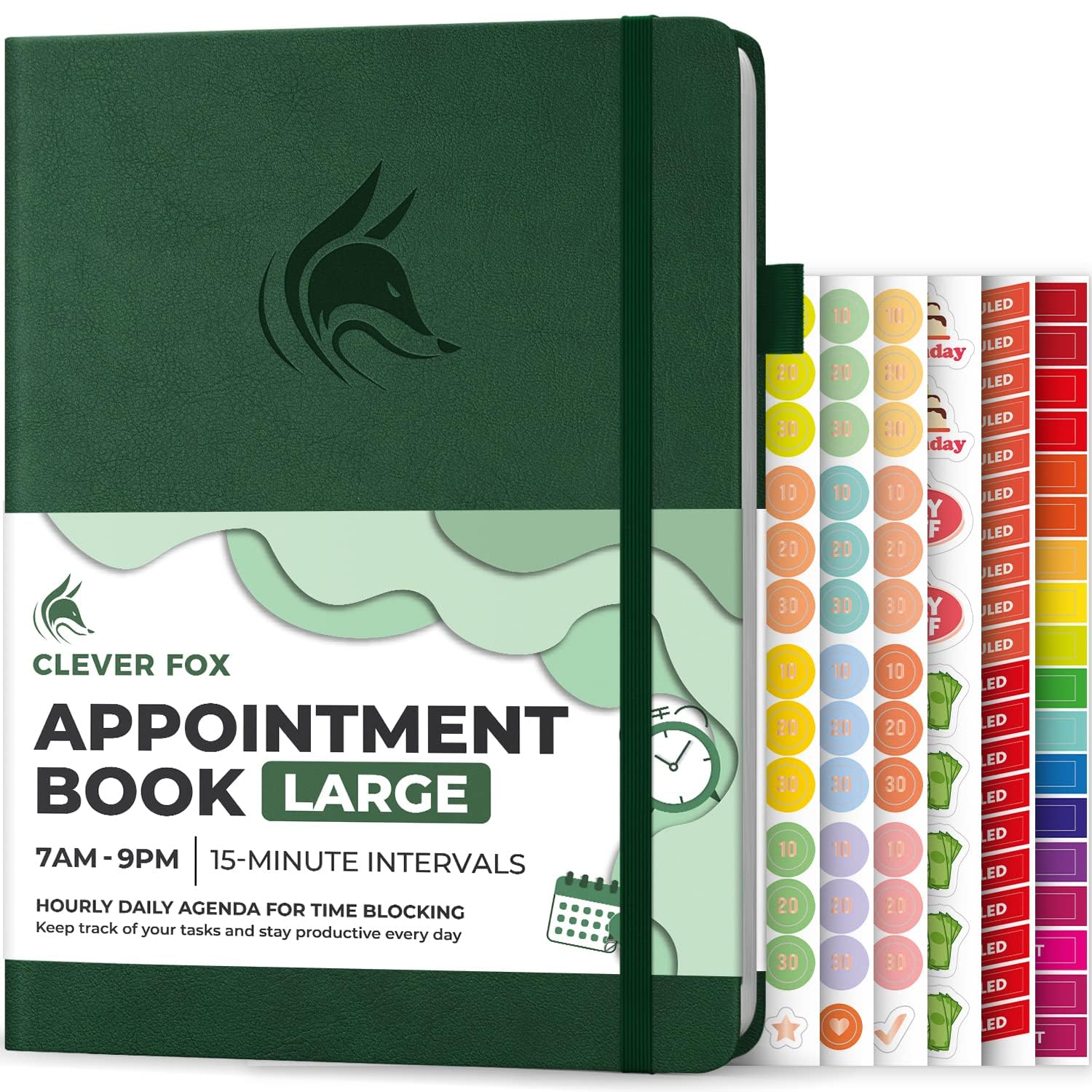 Clever Fox Appointment Book – Hourly Schedule Planner with 15-Minute Increments – Time Box Planner for Daily Work & To-Dos – Weekly & Monthly Spreads, Undated, Hardcover, A4 size, (Dark Green) — image 1