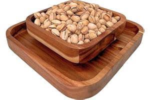 Penko Acacia Pistachio Snack Bowl Double Dish Holder Bowl Pedestal and Sunflower Seed Nut Bowl with Shell Storage