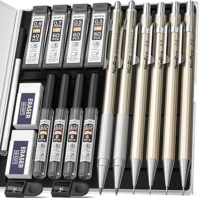 Nicpro 6PCS Metal Mechanical Pencils Set 0.3 0.5 0.7 0.9mm Lead Holder 2mm