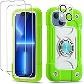 Cookiver for iPhone 14 Case/iPhone 13 Case Inch with Ring Stand, with 2 Pack Glass Screen Protector + 1 Pack Camera Lens Protector,Heavy-Duty Shockproof Military Grade Rugged Cover (Guava)