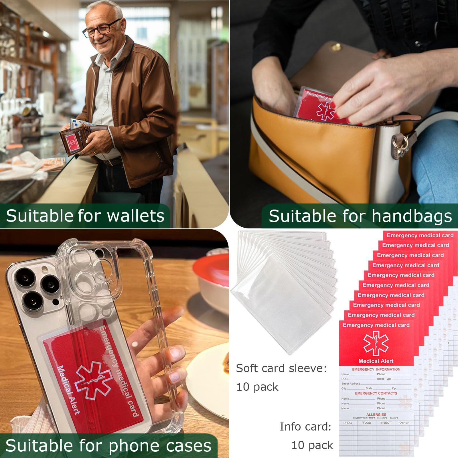 Emergency Contact Card for Wallet 10 Pack with 10 Sleeves, Red Thick Cardstock Medical Alert Allergy Cards for Wallet, Medication List Wallet Size Card for Phone, Handbags, Retirement Community