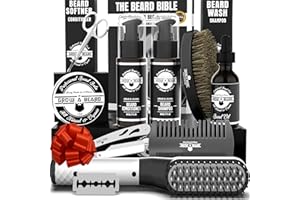 GROW ALPHA BEARD Beard Straightener Grooming Kit for Men, Beard Growth Kit, Wash, Brush & Comb, Unscented Growth Oil, All Natural Sandalwood Balm, Conditioner, Razor & Scissors, Great Gift Idea for Men's (Black)