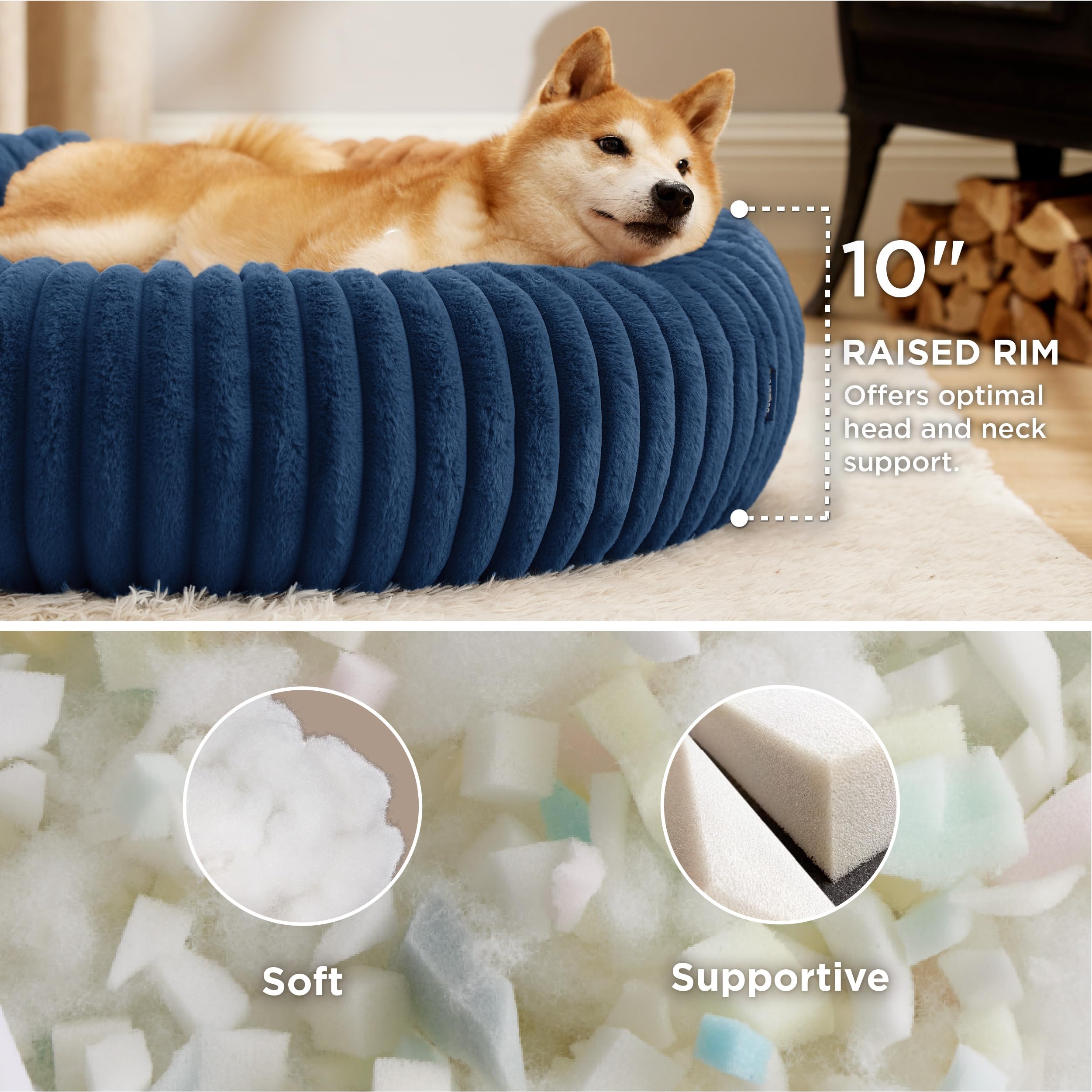 Condition photo showing New/Like New for bedsure comfyfleecetm donut large dog bed - washable faux fur, corduroy fleece & anti slip bottom, ro