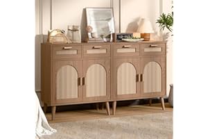 Vabches Kitchen Storage Cabinet with Barn Door, Rattan Sideboard Buffet with Storage Drawers, Rattan Kitchen Cabinet with Drawers for Dining Room, Living Room, EntryWay, Set of 2