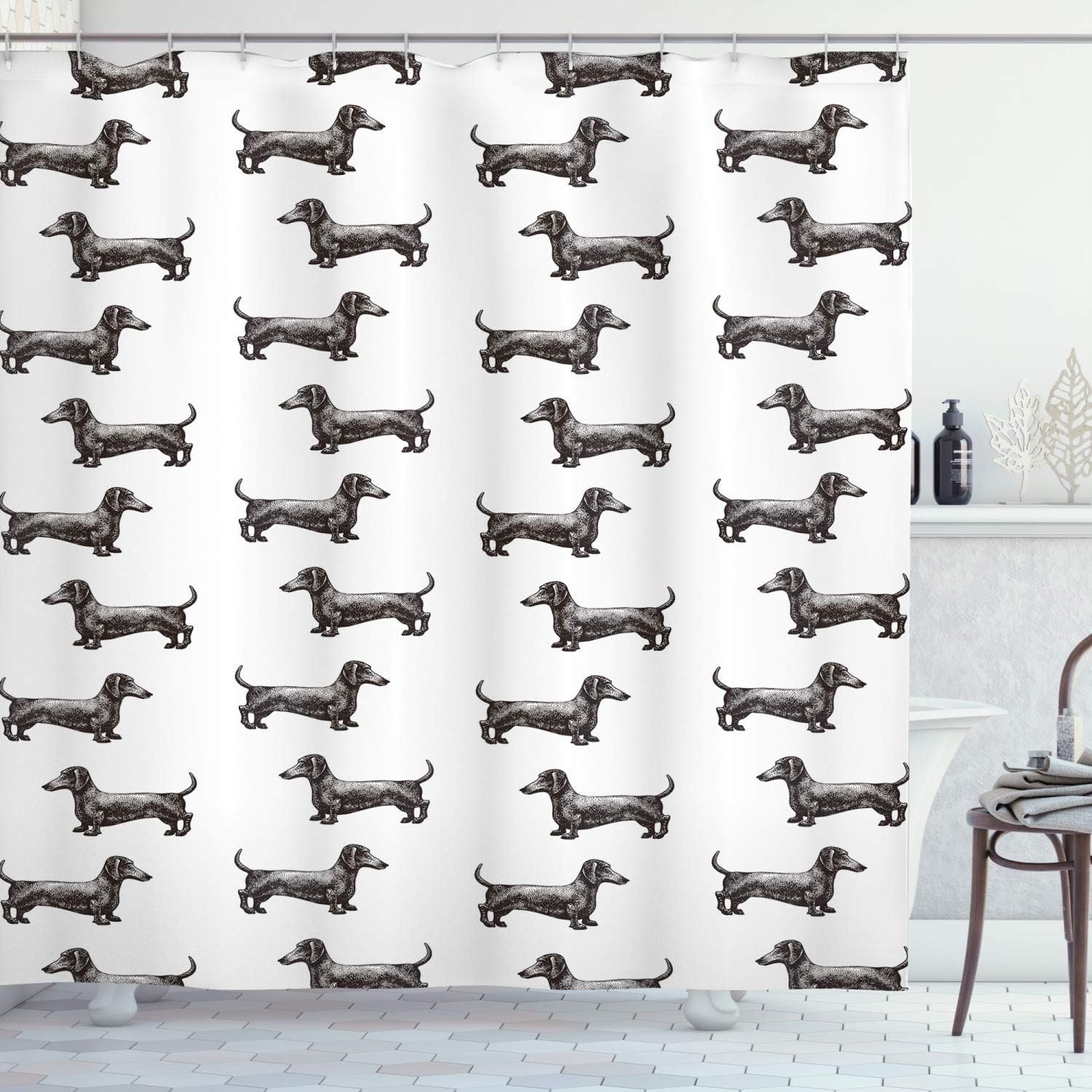 72"x72" Dachshund Shower Curtain Pattern Lines with Sausage