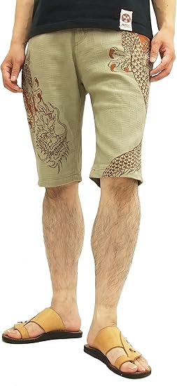 絡繰魂 ショーツ 巻龍刺繍 メンズ 和柄 ブロックジャガード ショートパンツ ベージュ ショートパンツ 通販 Amazon