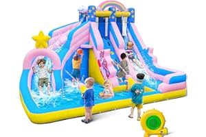 TOAOB Inflatable Water Slide: 6 in 1 Bounce House Water Park for Kids - Climbing Wall Splash Pool 2 Water Cannon 2 Slide Basketball Rim - 550W Blower - for Outdoor Backyard Birthday Party