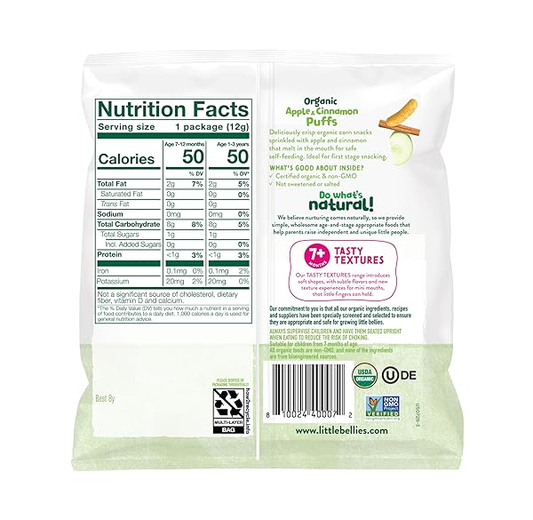 LITTLE BELLIES ORGANIC PUFFS VARIETY PACK, BLUEBERRY & APPLE AND CINNAMON (PACK OF 18)