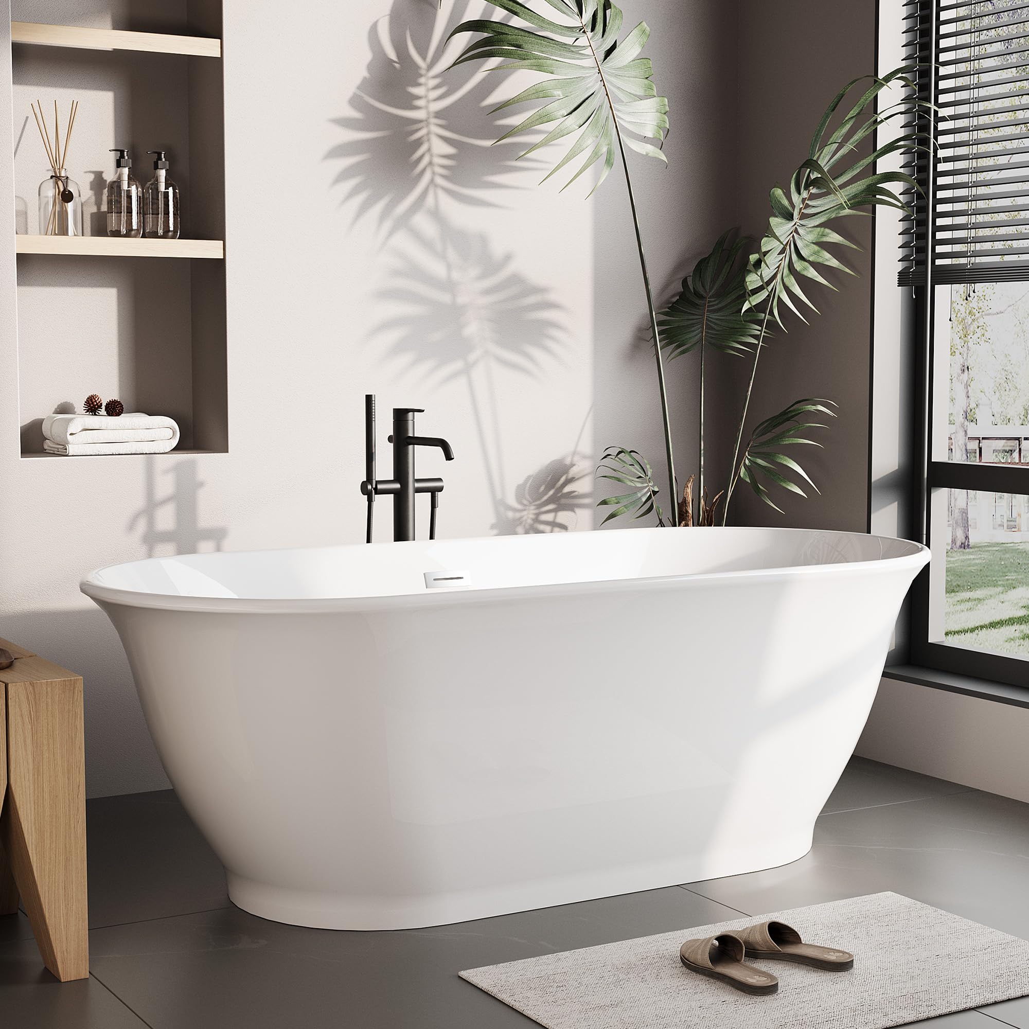 Photo 1 of GarveeLife 55 InchFreestanding Acrylic Bathtub, Deep Soaking Tub with Non-Slip Base & Chrome Drain, Space-Saving Bathtub, Easy Install, CUPC CertifiedModern Tub for Bathrooms