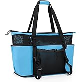Fasrom Extra Large Mesh Beach Bag with Zipper Bottom, Family Beach Tote Bag with Wet and Dry Separation (Patent Design)