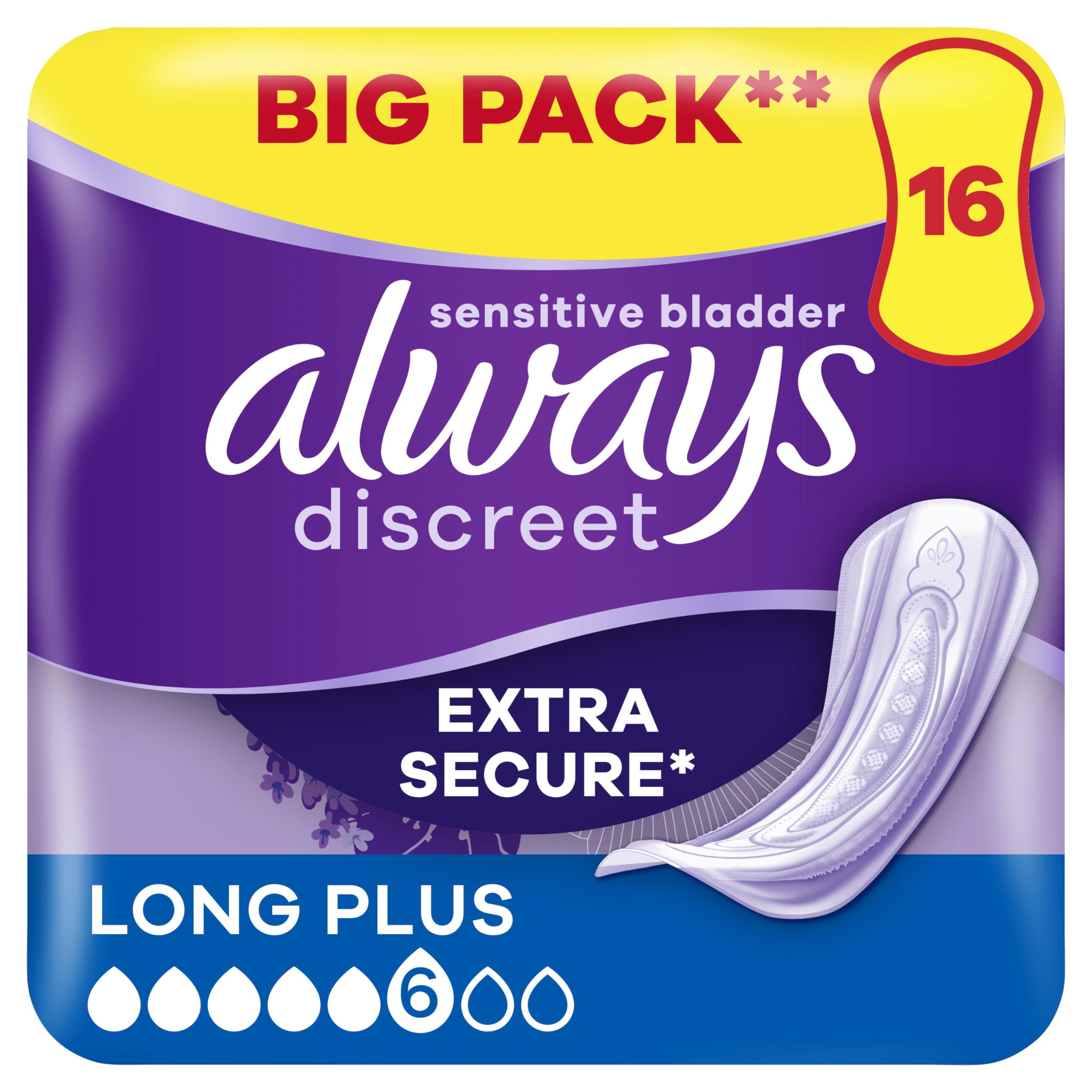 Always Discreet Incontinence Pads Women Long Plus 16 Count, Incontinence Products