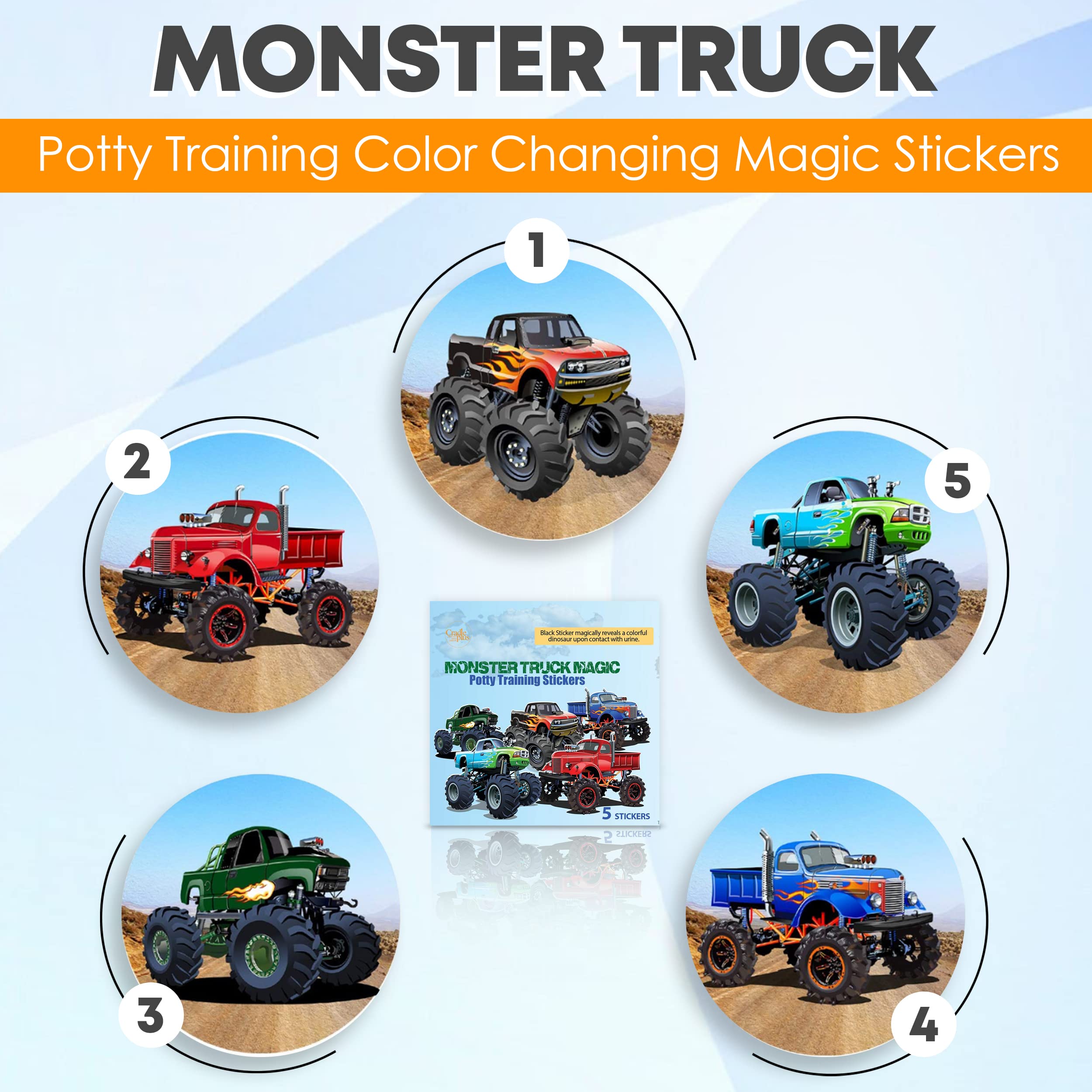 Potty Training Seat Magic Sticker | Monster Truck Potty Training Toilet Color Changing Sticker | 5 Pack Toilet targets with FREE potty e book | Use with or Without Potty chart or potty watch
