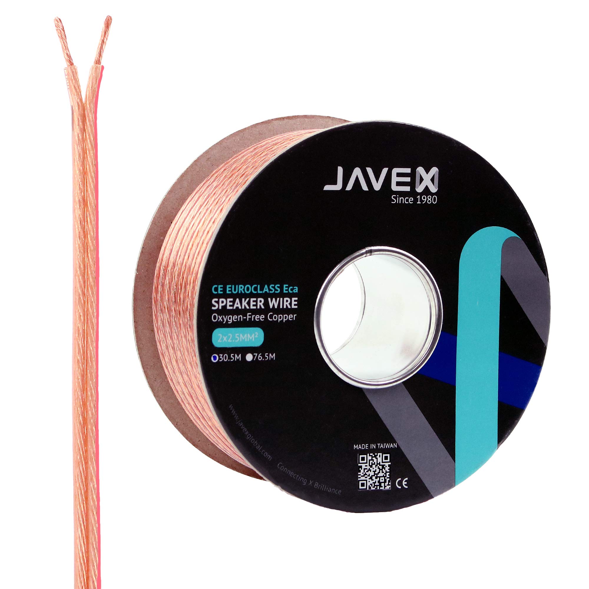 JAVEX CPR Construction In-Wall-Use 13 AWG Speaker Wire 2x2.5MM2 [315x0.10mm Oxygen-Free Copper 99.9%] for Home Theater and Audio Systems Installation, Transparent, 30.5M