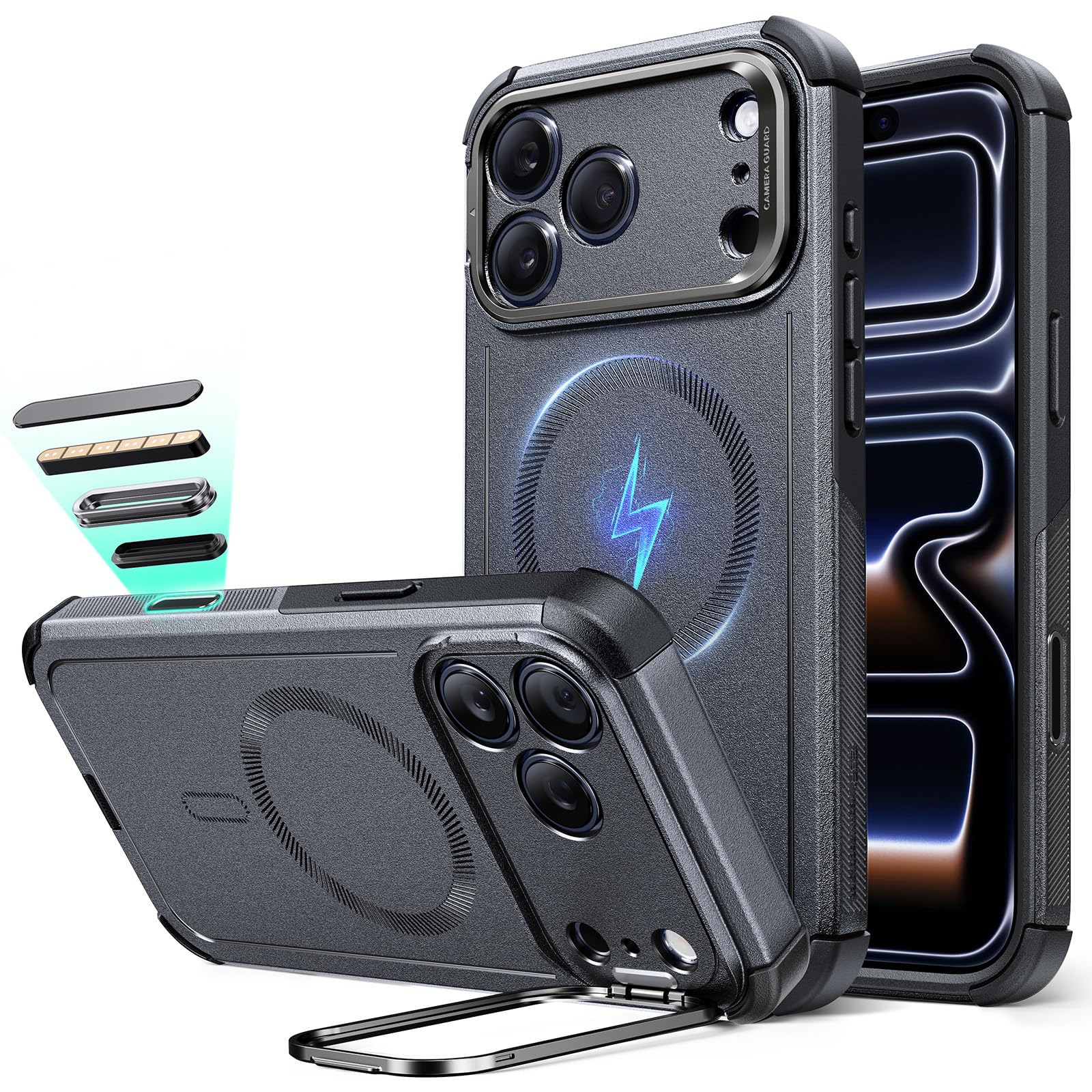 Photo 1 of ESR for iPhone 17 Pro Max Case with Stash Stand, 7X Military-Grade Drop Protection with Camera Control, Shock-Absorbing Phone Rugged Cover, Compatible with MagSafe Accessories, Cyber Series, Grey