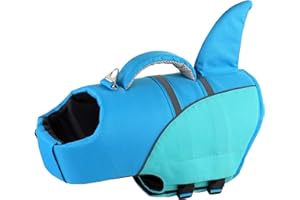 YHOMAK Dog Life Jacket Shark, Reflective Dog Life Vest for Swimming Boating with Superior Buoyancy and Rescue Handle, Adjustable Puppy Flotation Swim Vest for Small Medium Large Dogs - Blue, 2XL