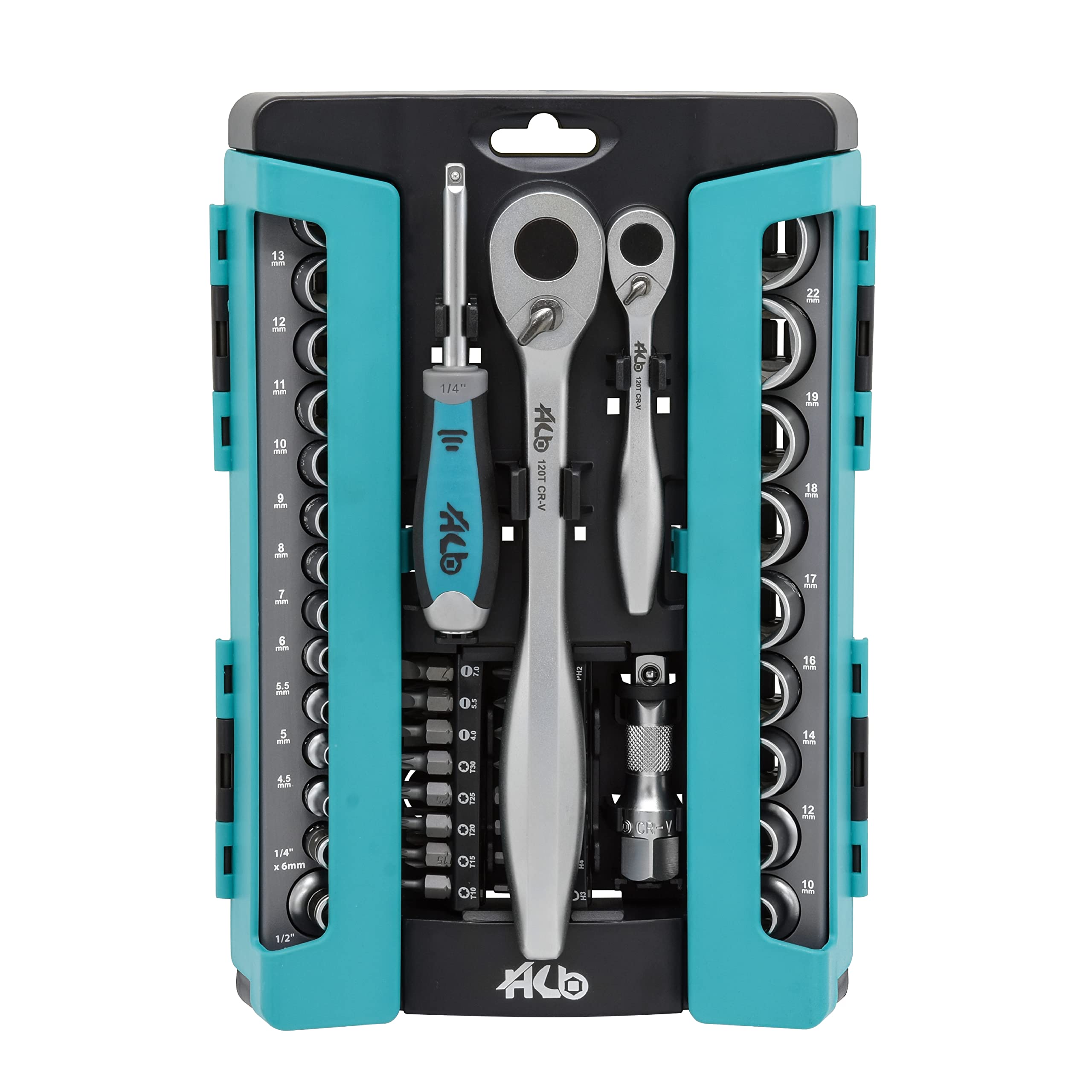 HB 120-Tooth 1/4 & 1/2 Inch Drive Sealed Head Ratchet Handle 63 Piece Socket Set Reversible Quick Release Extension Bar Torx PZ PH SL HEX Bits Chrome Vanadium Steel Made in Taiwan AKM009-G — image 1