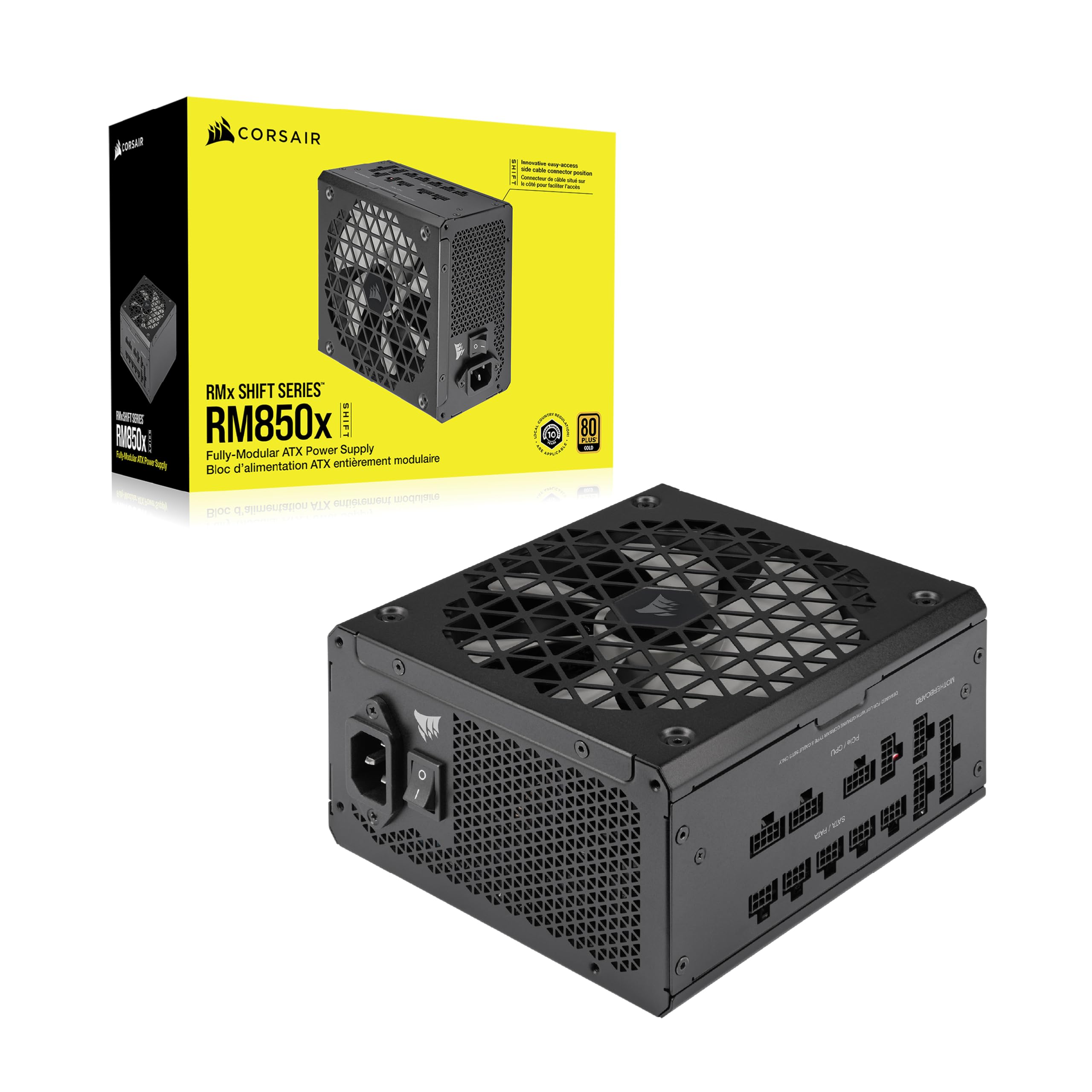 Corsair RM850x Shift Fully Modular ATX Power Supply - 80 Plus Gold - ATX 3.1 - PCIe 5.1 - Zero RPM - Modular Side Interface - Black