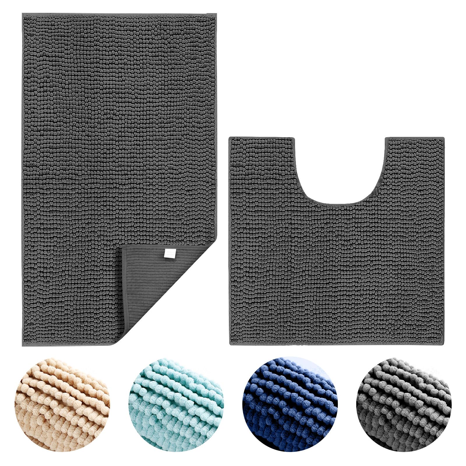 Hodeacc 2Pcs Non Slip Chenille Bath Bathroom Mat Set,High Water Absorbent Density Soft Microfiber Toilet Pedestal Mat Machine Washable Bathroom Mats Carpet 50x50cm/50x80cm (Dark gray)