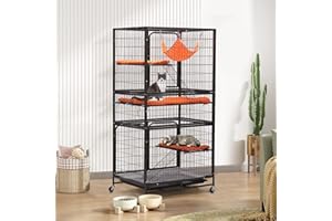 COZIVVOVV Large Cat Cage Indoor, 4-Tier Cat Enclosure Indoor with Hammock Bed, Cat Crates with 2 Ladders, Durable Wire Mesh Catios for Cats, Pet Cages for Cats with Wheels, Black