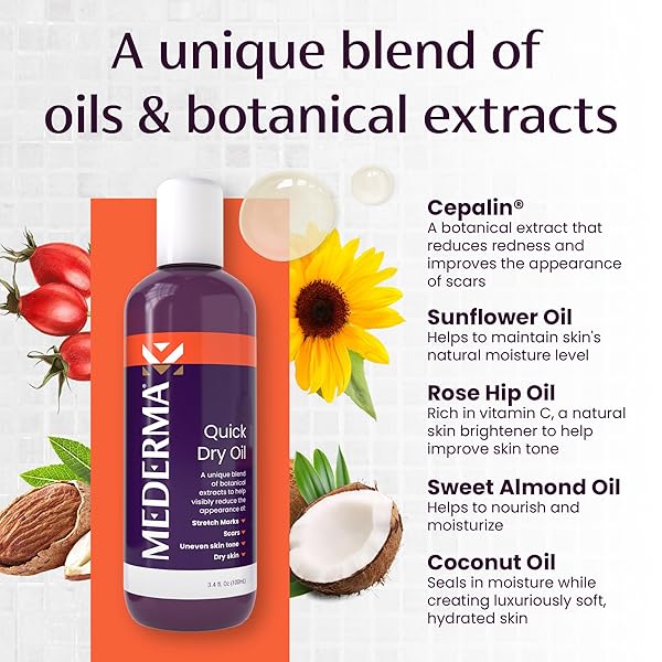 MEDERMA QUICK DRY OIL, SCAR AND STRETCH MARK TREATMENT, HELPS TO IMPROVE THE APPEARANCE WITH NATURAL BOTANICAL EXTRACTS, PARABEN FREE, FAST-ABSORBING, 3.4OZ (100ML)