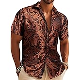 Barry.Wang Men's Short Sleeve Shirt Silk Paisley Button Down Shirt for Men Western Casual Beach Summer Hawaiian Party Mexico