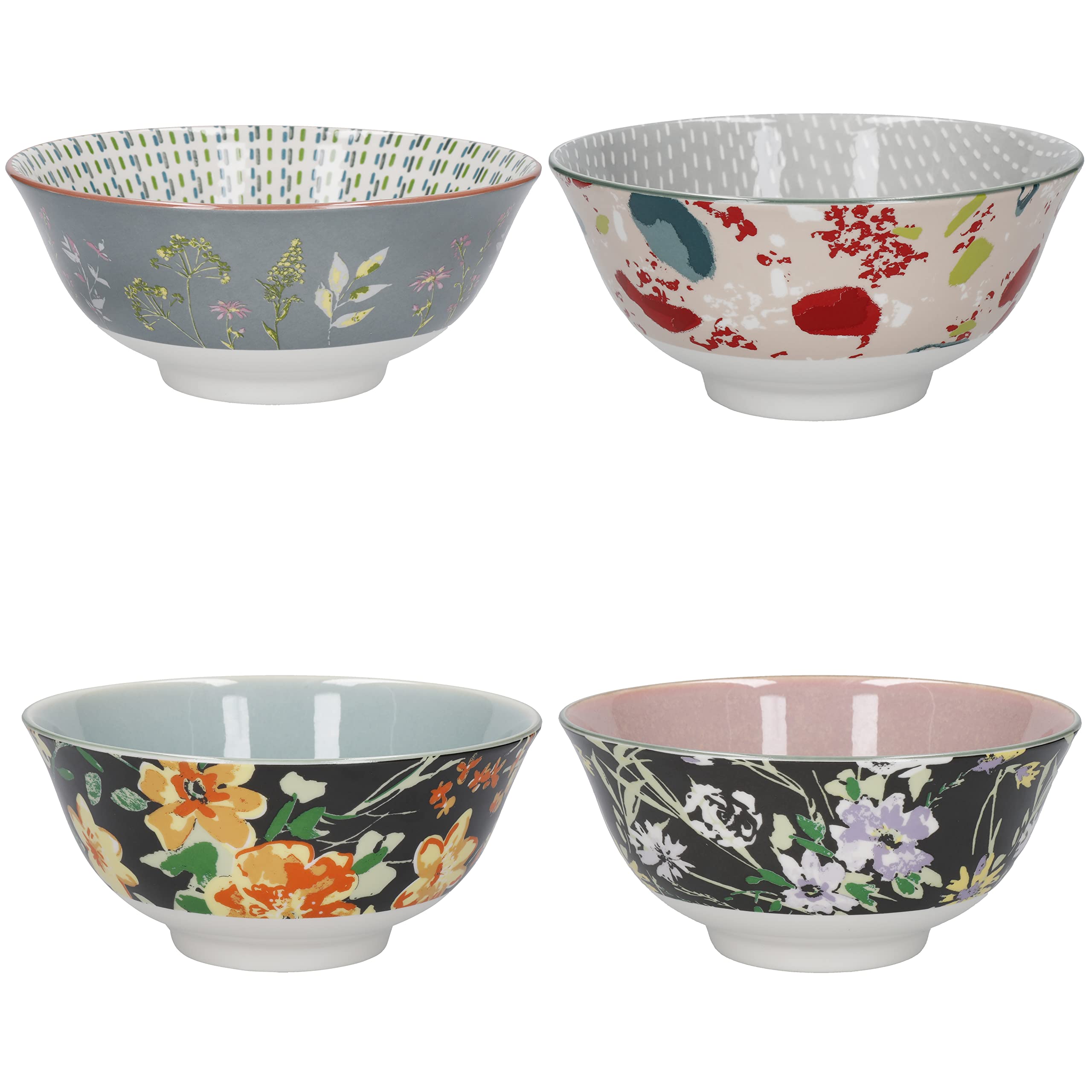 KitchenCraft Glazed Stoneware Bowl Set of 4, Boho Floral, 15.5 x 7.5cm, Gift Boxed, Green,Grey,Orange,Pink