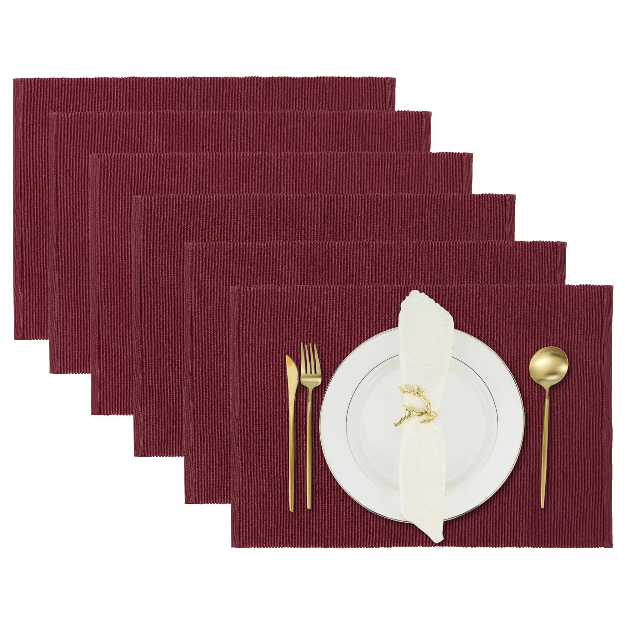 Dining Placemats Set of 6 Fine Ribbed Cotton Reversible Kitchen Mats for Dinner Table Decorations 48x33 cm Wine Red