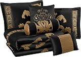 Chezmoi Collection 7-Piece Jacquard Floral Comforter Set, King, Black Gold view 3