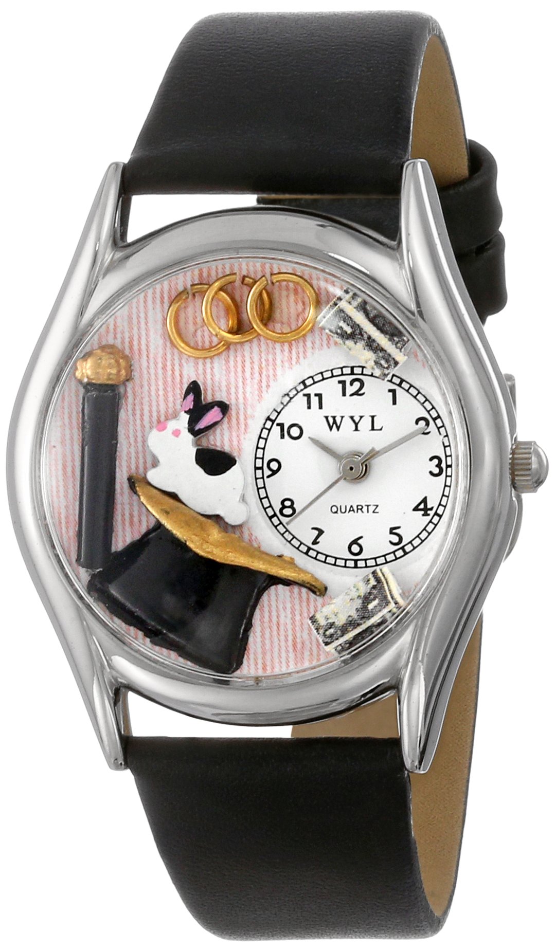 Whimsical Watches Magic Black Leather and Silvertone Unisex Quartz Watch with White Dial Analogue Display and Multicolour Leather Strap S-0420009