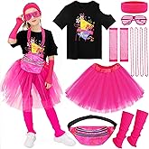 SOMSOC 13 Pieces Girls 80s Outfit for Kids Halloween Costume Accessories Set for Cosplay 1980s Party