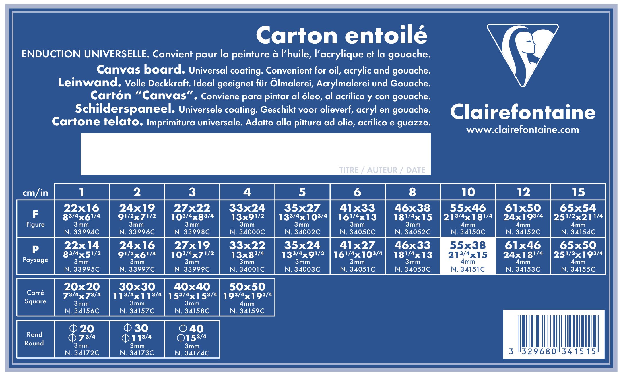 Clairefontaine - Ref 34151C - White Canvas Board (Landscape) - 55 x 38cm - 3mm Thick, Made from 100% Cotton, Suitable for Oil & Acrylic Paints, Acid Free Surface