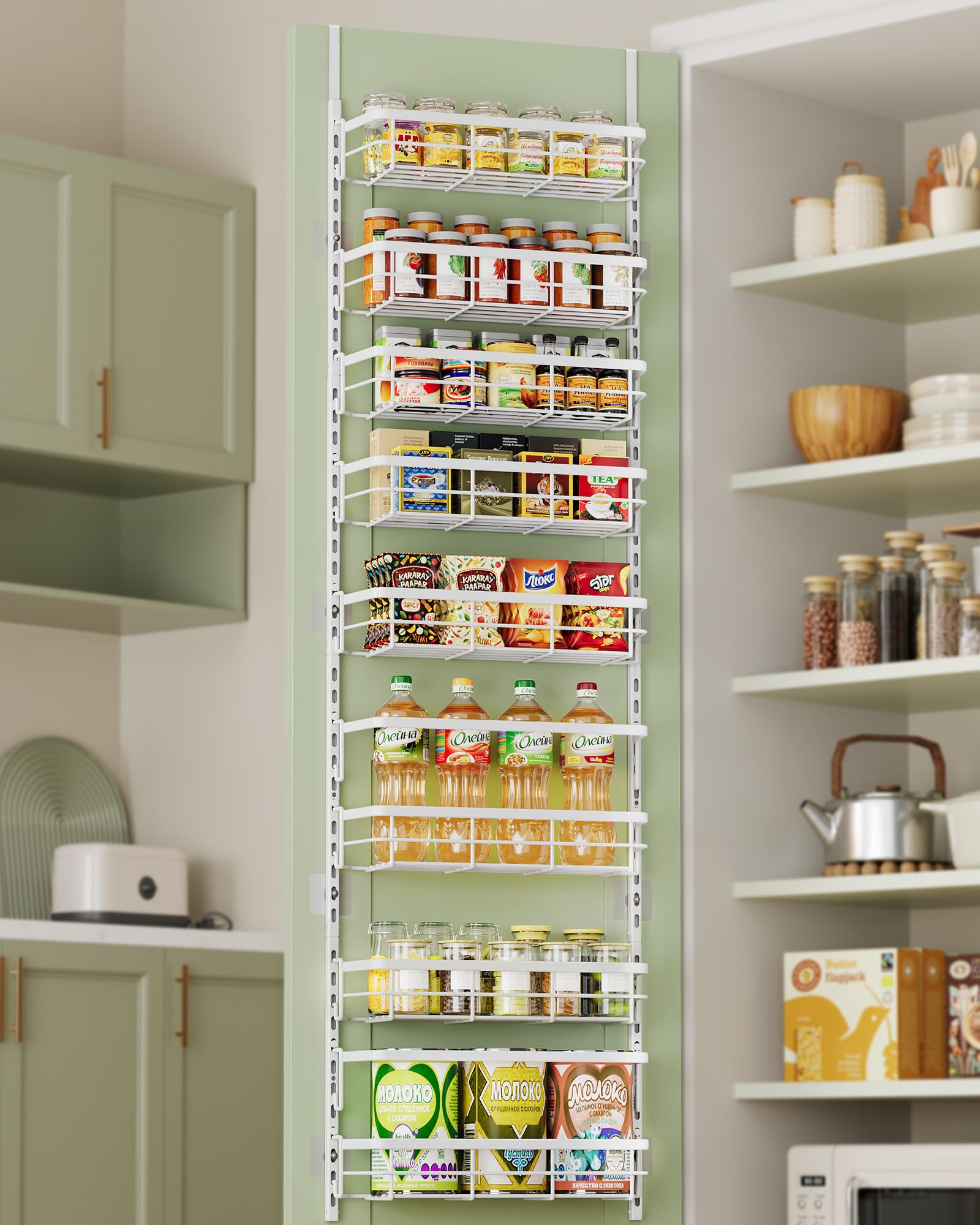 Photo 1 of Asoibopi 8-Tier Adjustable Over the Door Pantry Organizer with 2 Sets Hooks Fits Most Doors, Hanging Spice Rack for Pantry Door Organizer And Storage, White