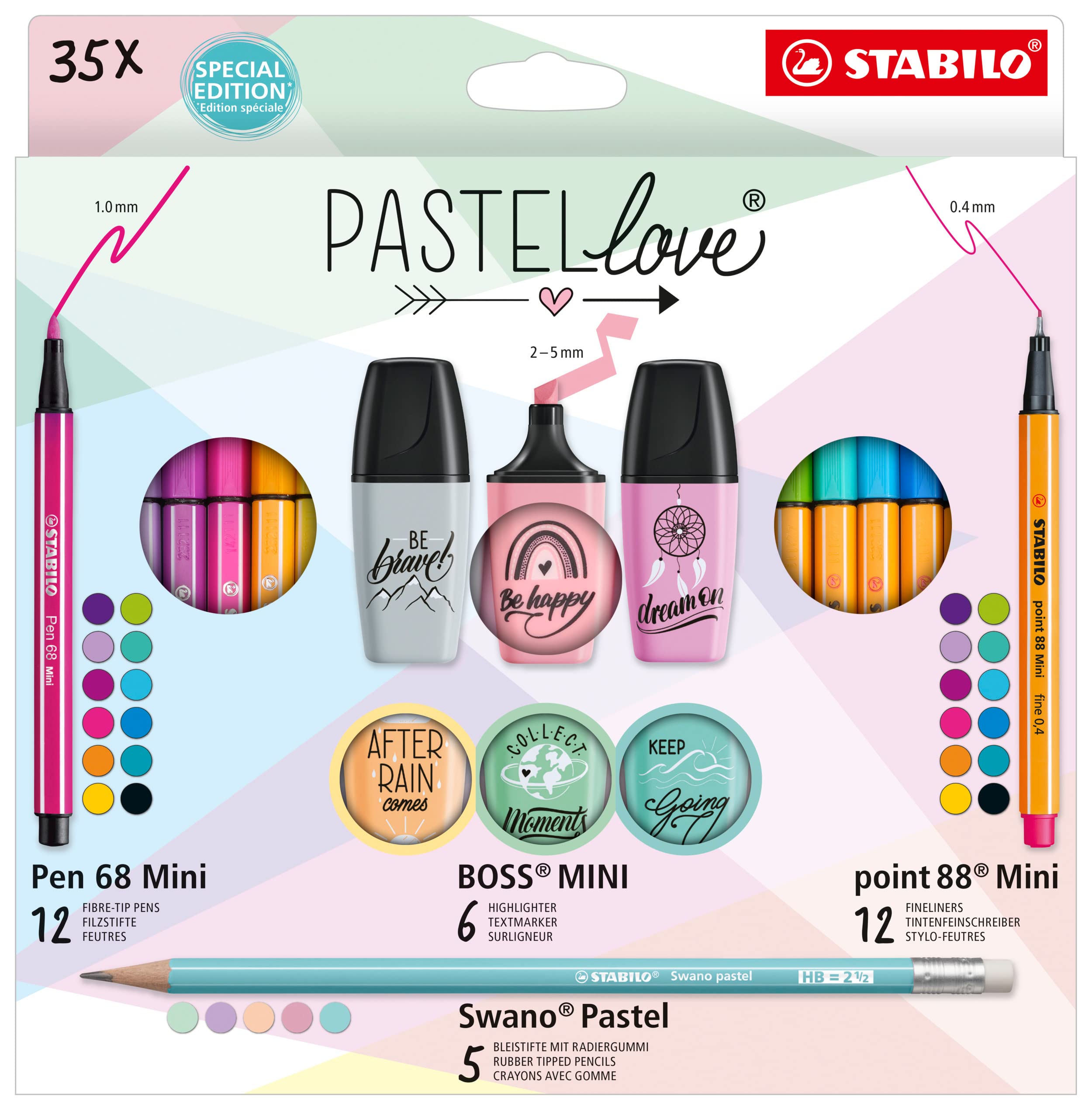 Pen Set - STABILO Pastellove Set - point 88 Mini, Pen 68 Mini, BOSS MINI & Swano Pastel - Pack of 35 - Assorted Colours
