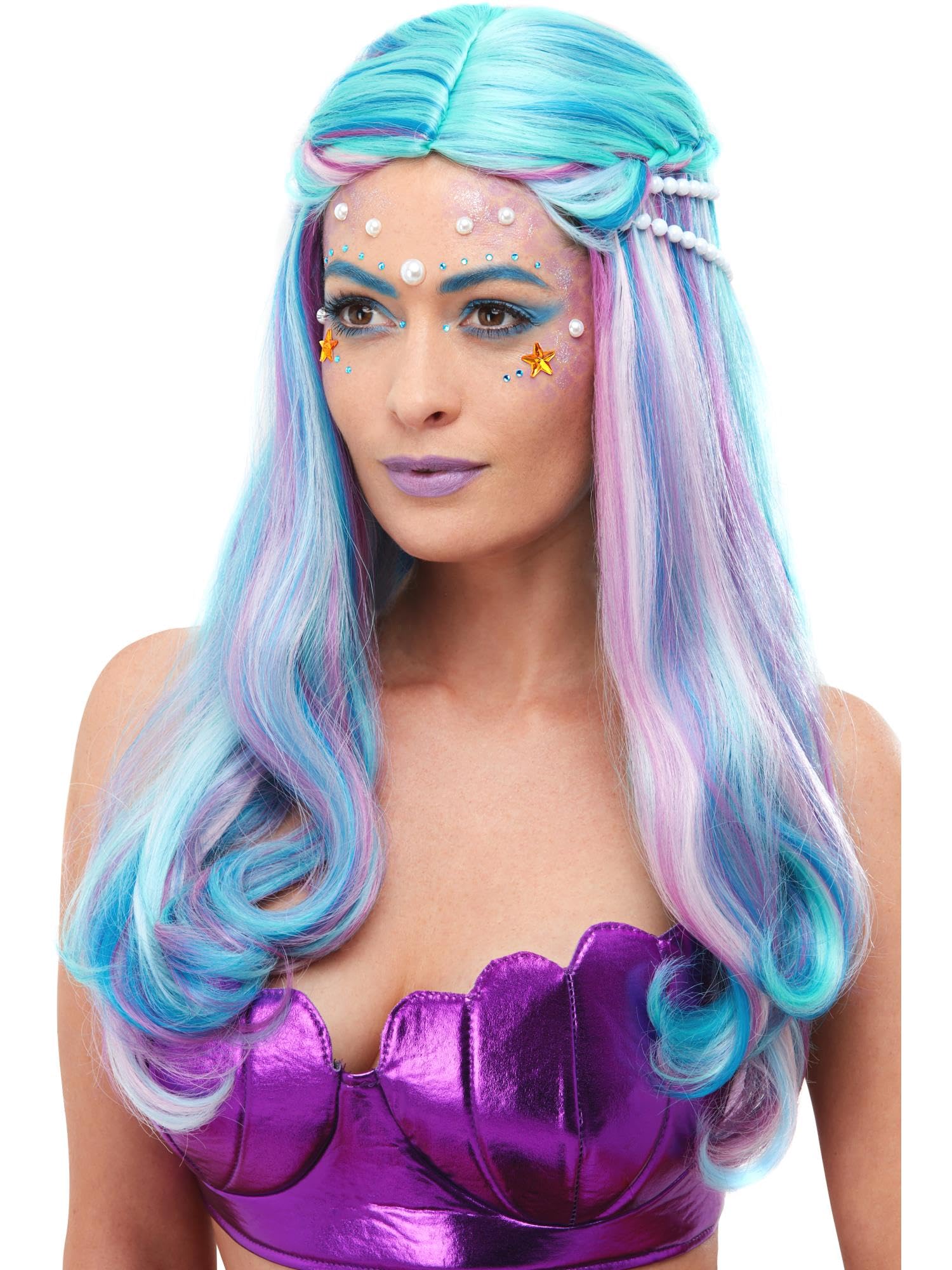 Smiffys Mermaid Wig, Blue with Pearls, Fairytale, Wings and Wands Fancy Fancy Dress, Mermaid Dress Up Wigs