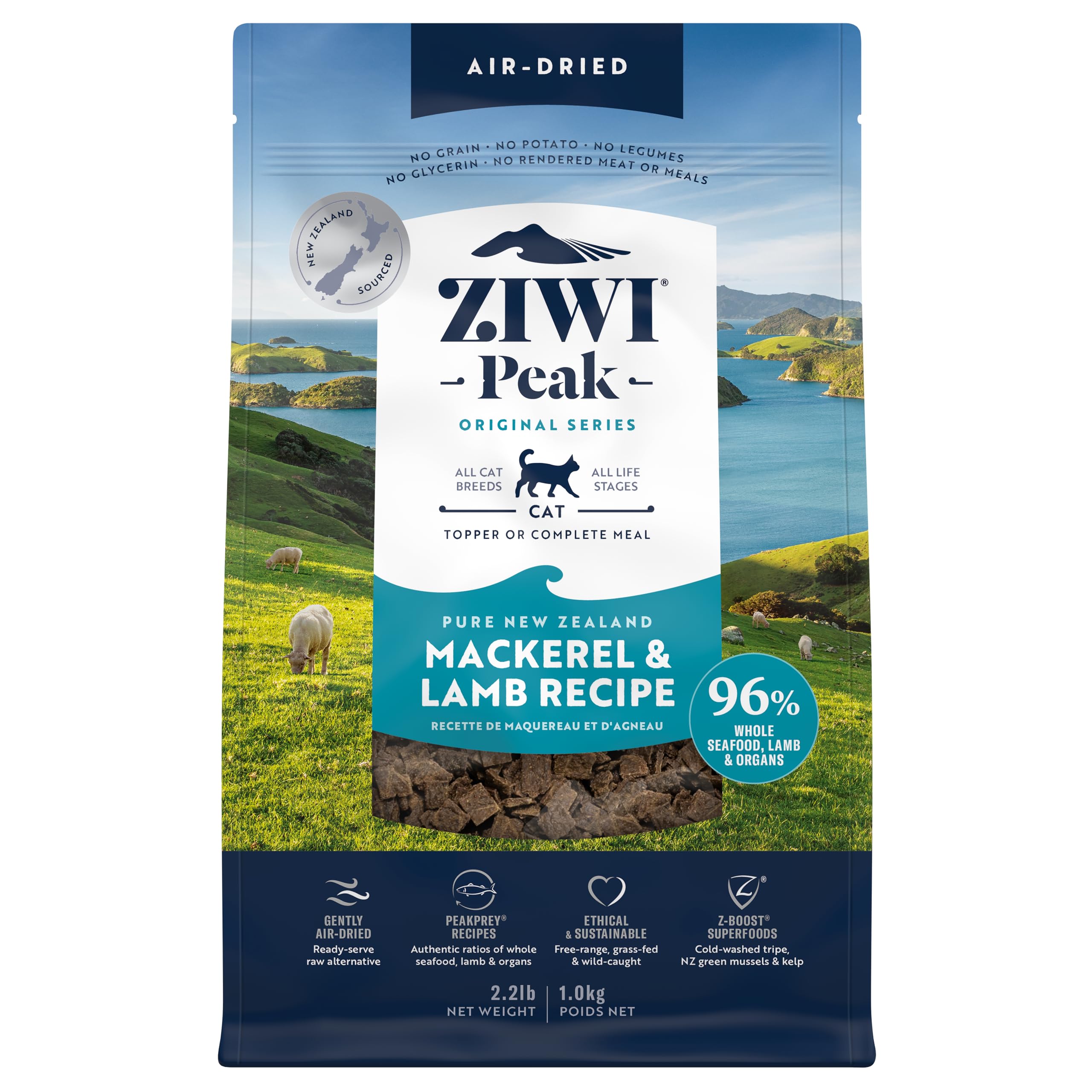 ZIWI Peak Daily Cat Mackerel & Lamb Recipe 1kg - Grain Free Air Dried Cat Food with 96% Meat, Organs & Bone
