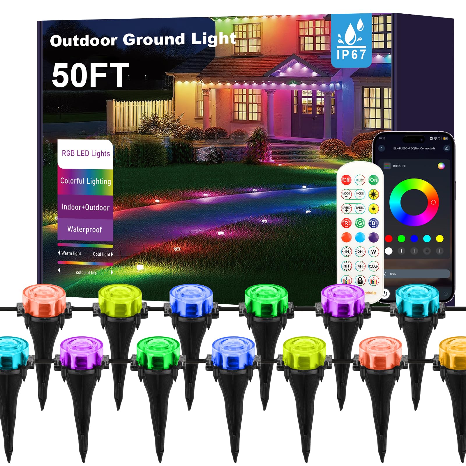 Photo 1 of **DAMAGED** Outdoor Ground Lights, 50FT Smart RGB Pathway Lights with APP/Remote Control, Music Sync, Timer Function, IP67 Waterproof Wired Color-Changing Pathway Light for Garden, Courtyard, Lawn and Parties