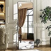 HARRITPURE 56" x 21“ Full Length Mirror - Rounded Corner Floor Mirror with Stand, Black Aluminum Frame Full Body Mirror, Hang