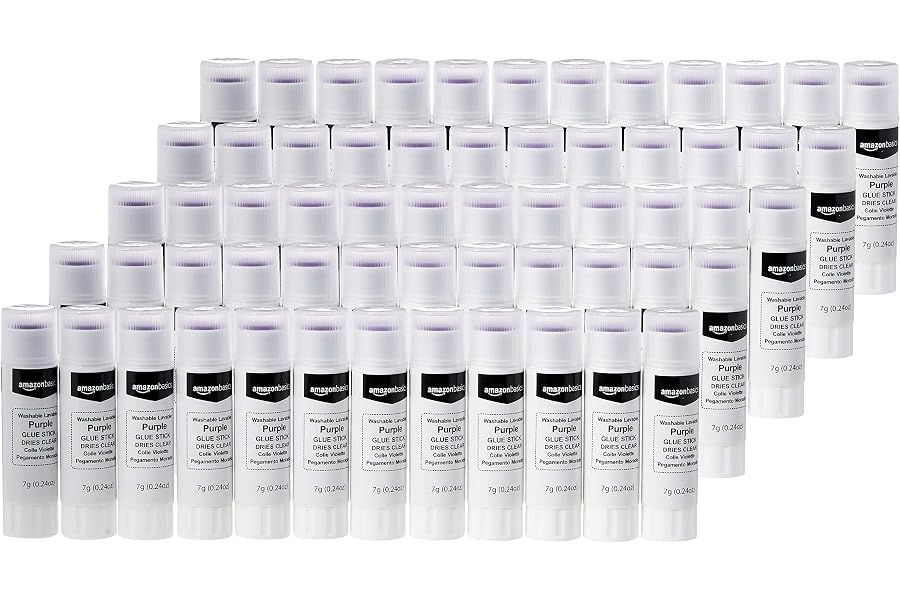Amazon Basics Purple Washable School Glue Sticks for Classroom Supplies and Craft Projects, Dries Clear, 0.24-oz Stick, 60-Pack