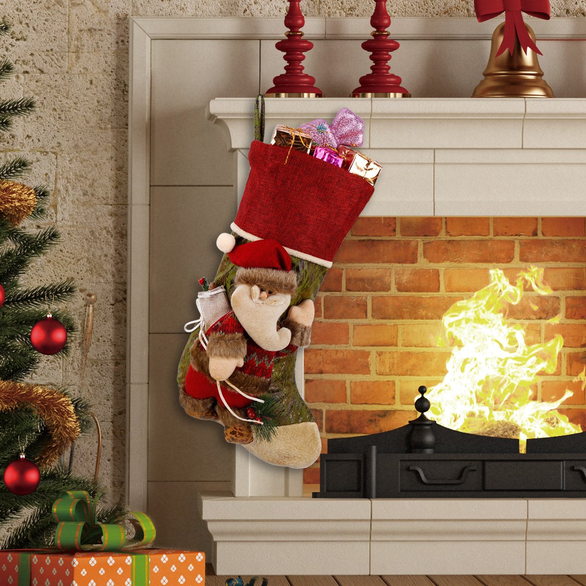 3D Vif Rétro Personnalisé Chaussettes de Noël Décoration de la Maison Arbre de Noël Cheminée Suspension Nouvel An Chaussettes de Noël Bonbon de Christmas Présent Décoration Chaussettes Sac (Père Noël)