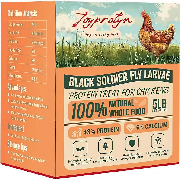 Joyprotyn 5LB Non-GMO Dried Black Soldier Fly Larvae for Chickens – 85X More Calcium Grubs Than Mealworms for Strong Eggshell