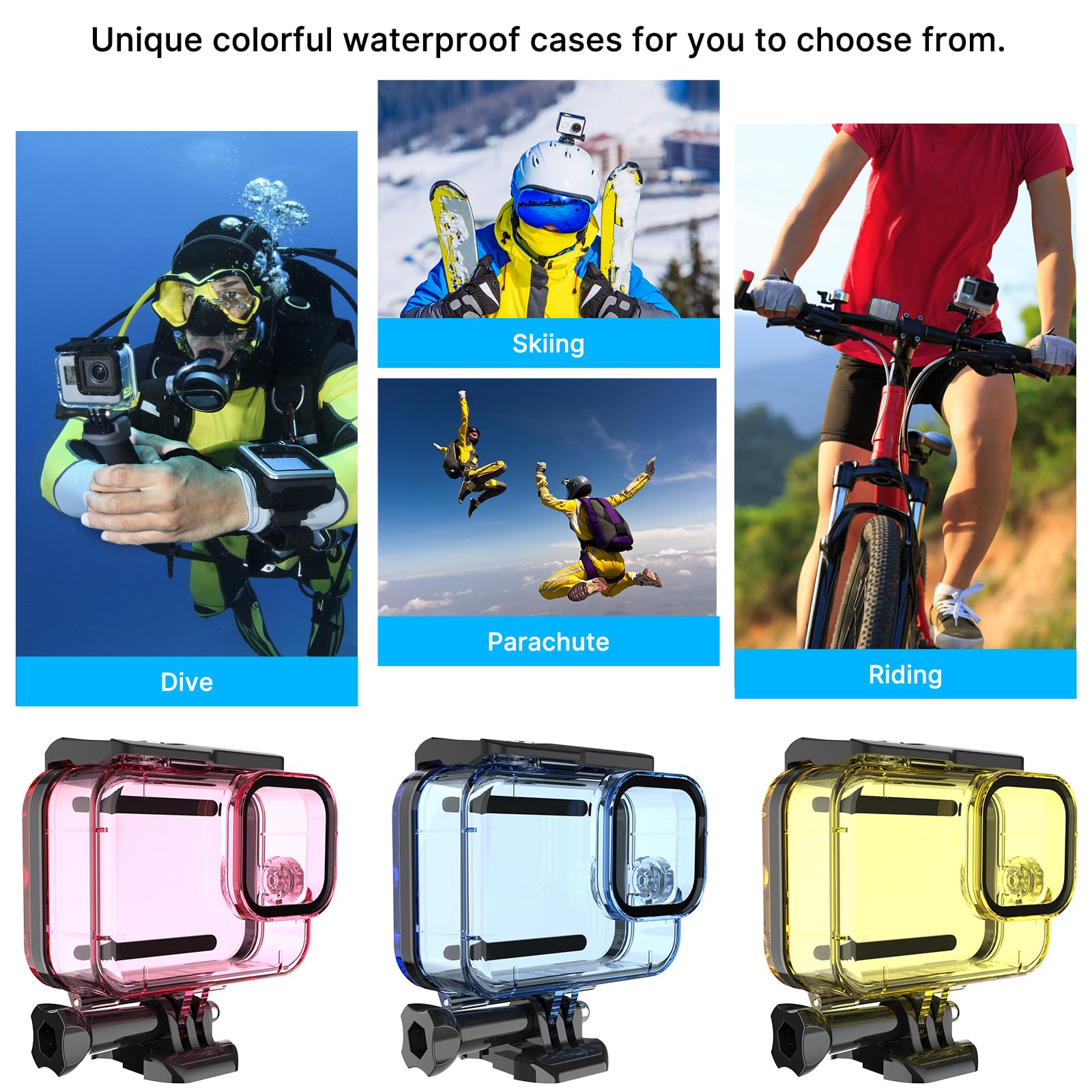 HONGDAK 60M/196FT Waterproof Case with Anti Fog Inserts for Go Pro Hero12 11 10 9 Black, Protective Underwater Diving Housing Shell with 3 Pack Filters Accessories for Hero 12 11 10 9 (Blue)