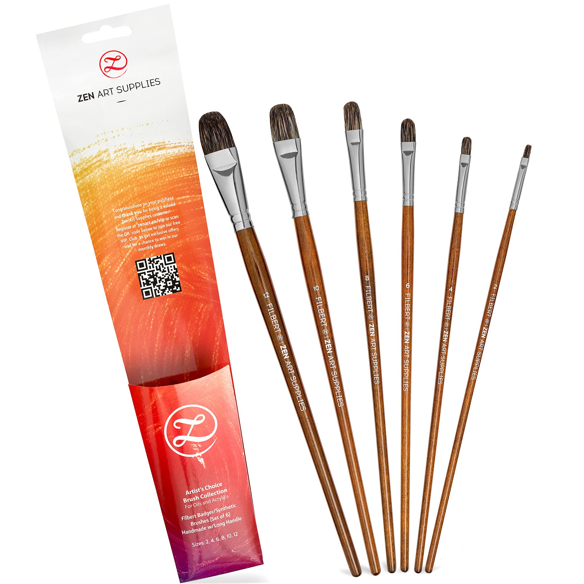 Professional Oil & Acrylic Brush Set – 6 Oil Brushes for Artists 2, 4, 6, 8, 10, & 12 with Durable Badger/Synthetic Bristles – PVC Travel Pouch, Long Birchwood Handles, No Shedding by ZenART