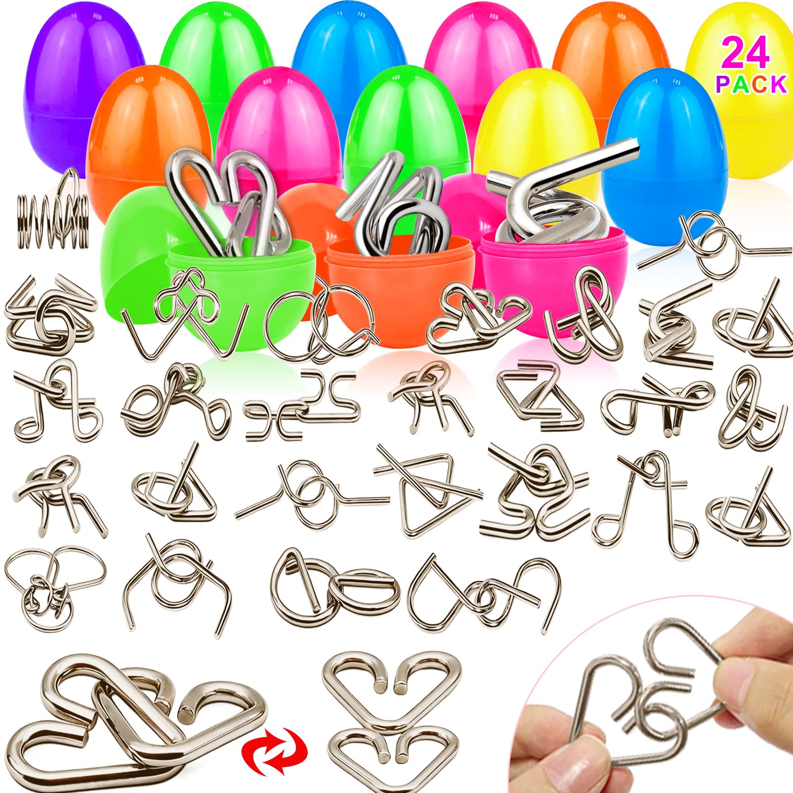 24 Pack Prefilled Easter Eggs with Metal Brain Teaser Puzzle Toys, Easter Basket Stuffers Stress Relief Fidget Toys for Teens Adults Older Kids Easter Egg Hunt Gifts Party Favors Classroom Prize