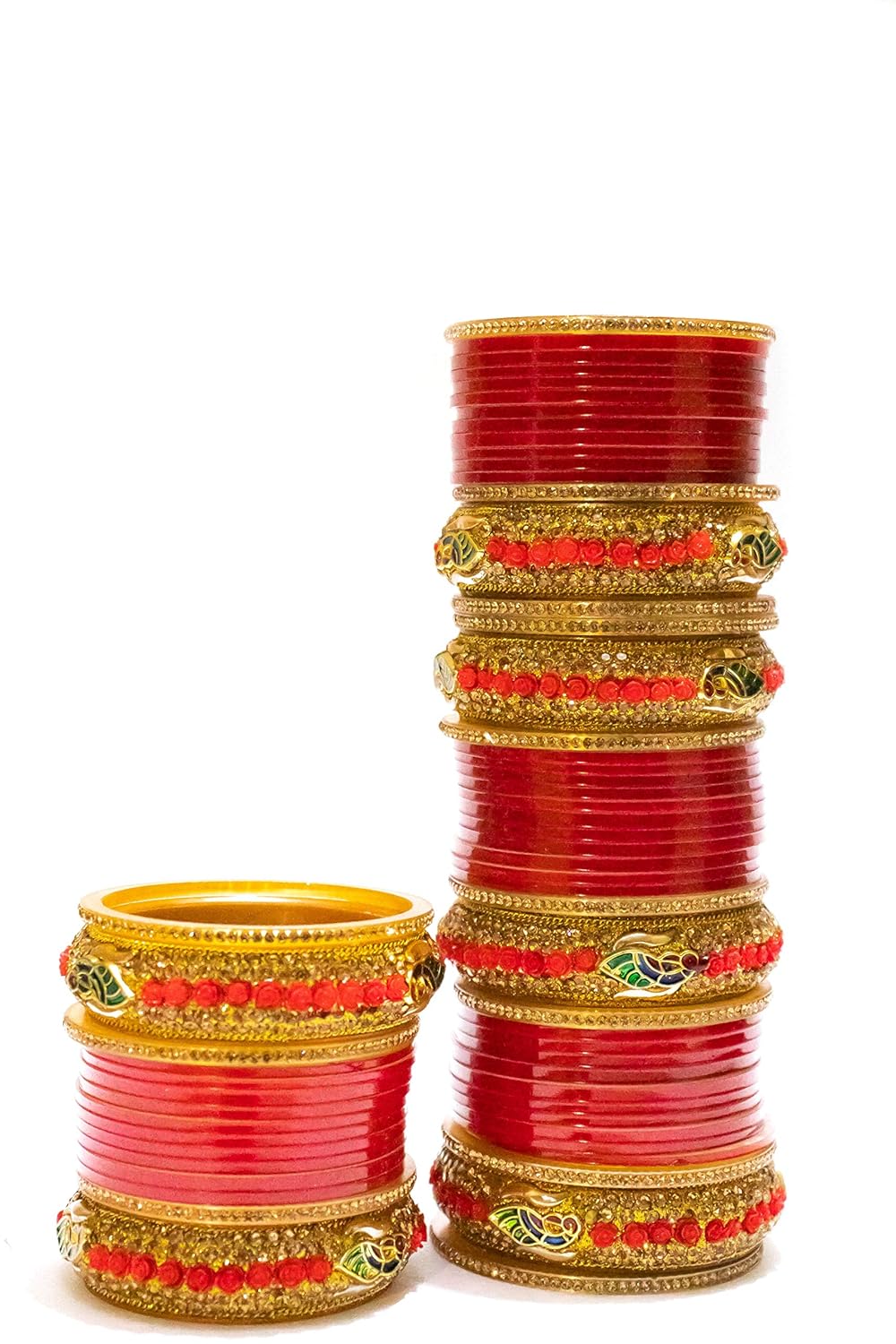 Buy Velassi Beautiful Designer Bridal Bangle Kada Chura Set 2 4 Inch Red Golden At Amazon In